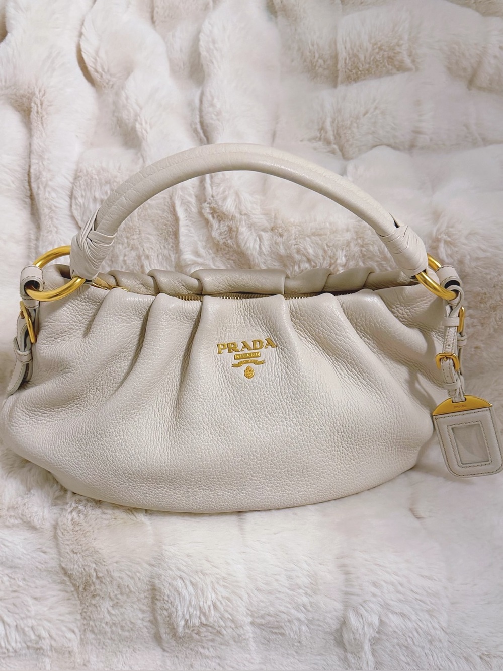 Prada Beige Cervo Pleats Small Shoulder Bag